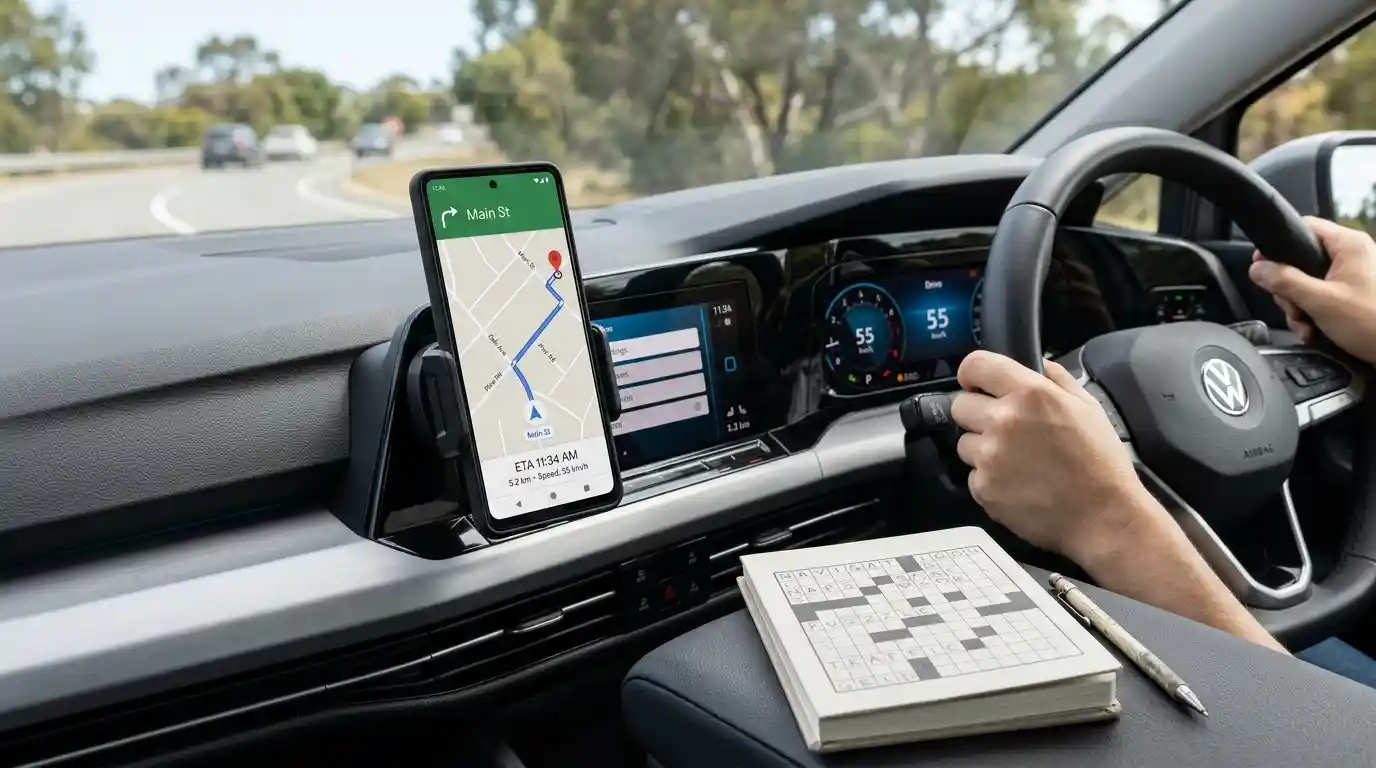 Smartphone displaying a navigation route beside a crossword puzzle grid inside a car.