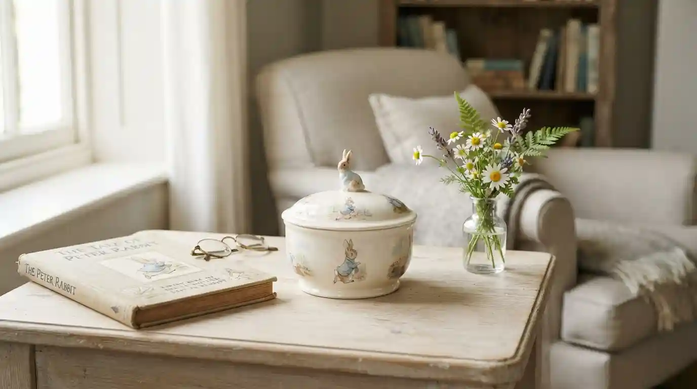Peter Rabbit-inspired ceramic keepsake displayed with a classic storybook and delicate flowers