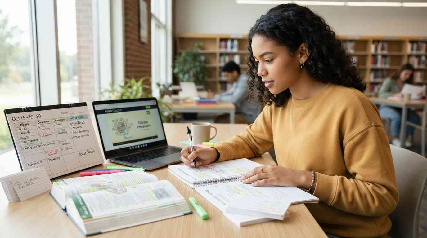 Student using organized study materials and learning strategies at a desk