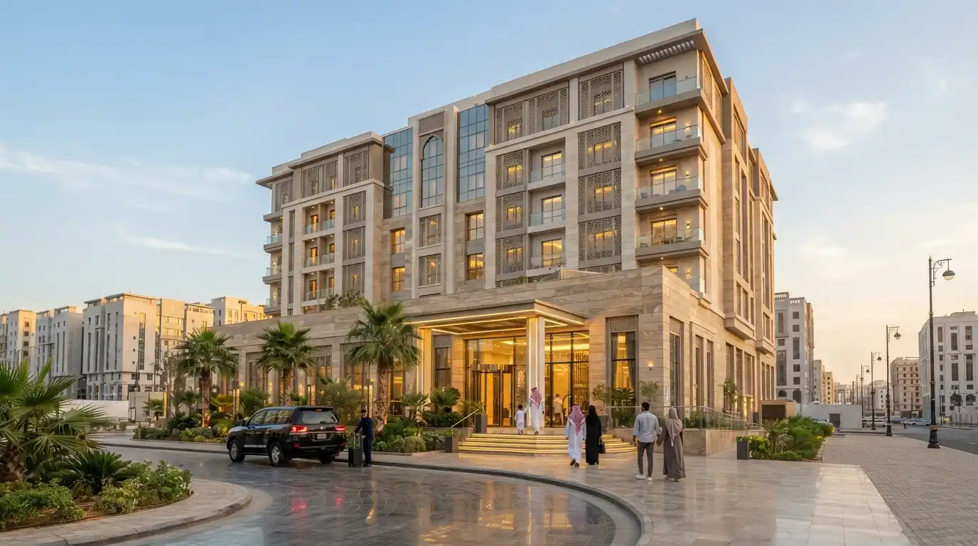 Zaha Taiba Hotel exterior in Madinah with a modern entrance and landscaped surroundings