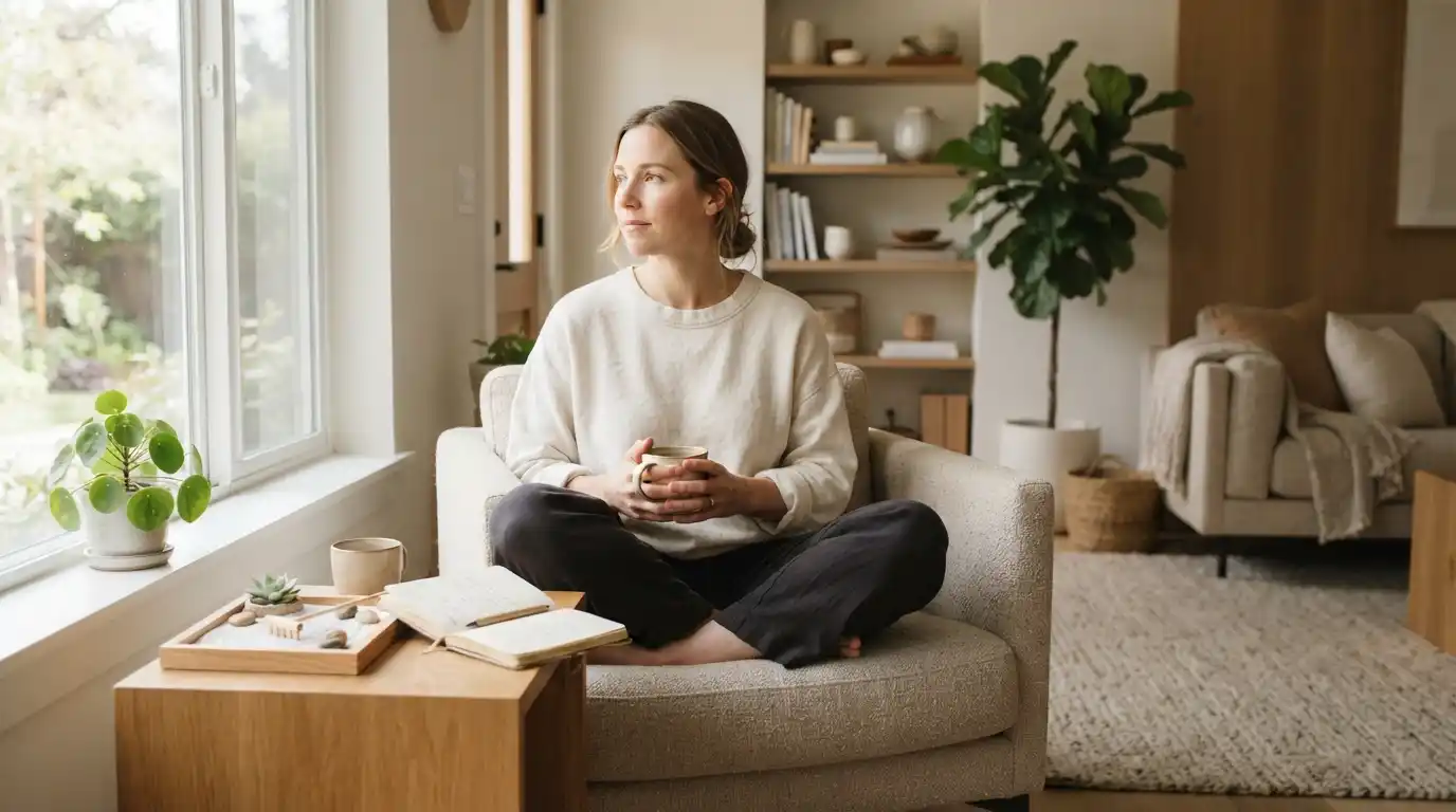 Person practicing mindfulness in a calm living space with a small Zen garden, journal, tea, and houseplant.
