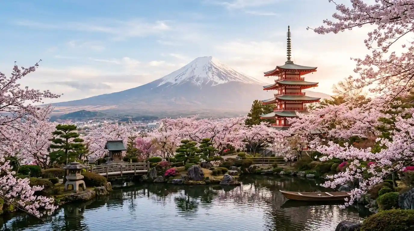 Mount Fuji, a traditional Japanese pagoda, and cherry blossoms beside a scenic lake.