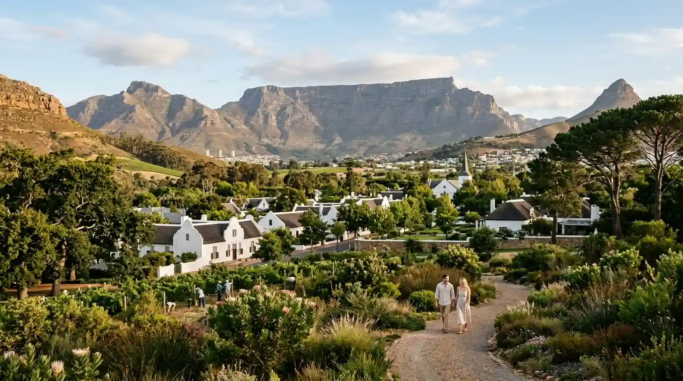 Table Mountain overlooking a scenic South African landscape with historic Cape Dutch-style architecture.