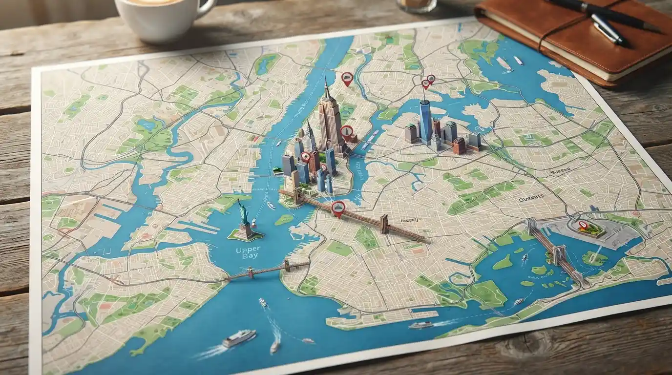 New York City map showing major attractions and the five boroughs