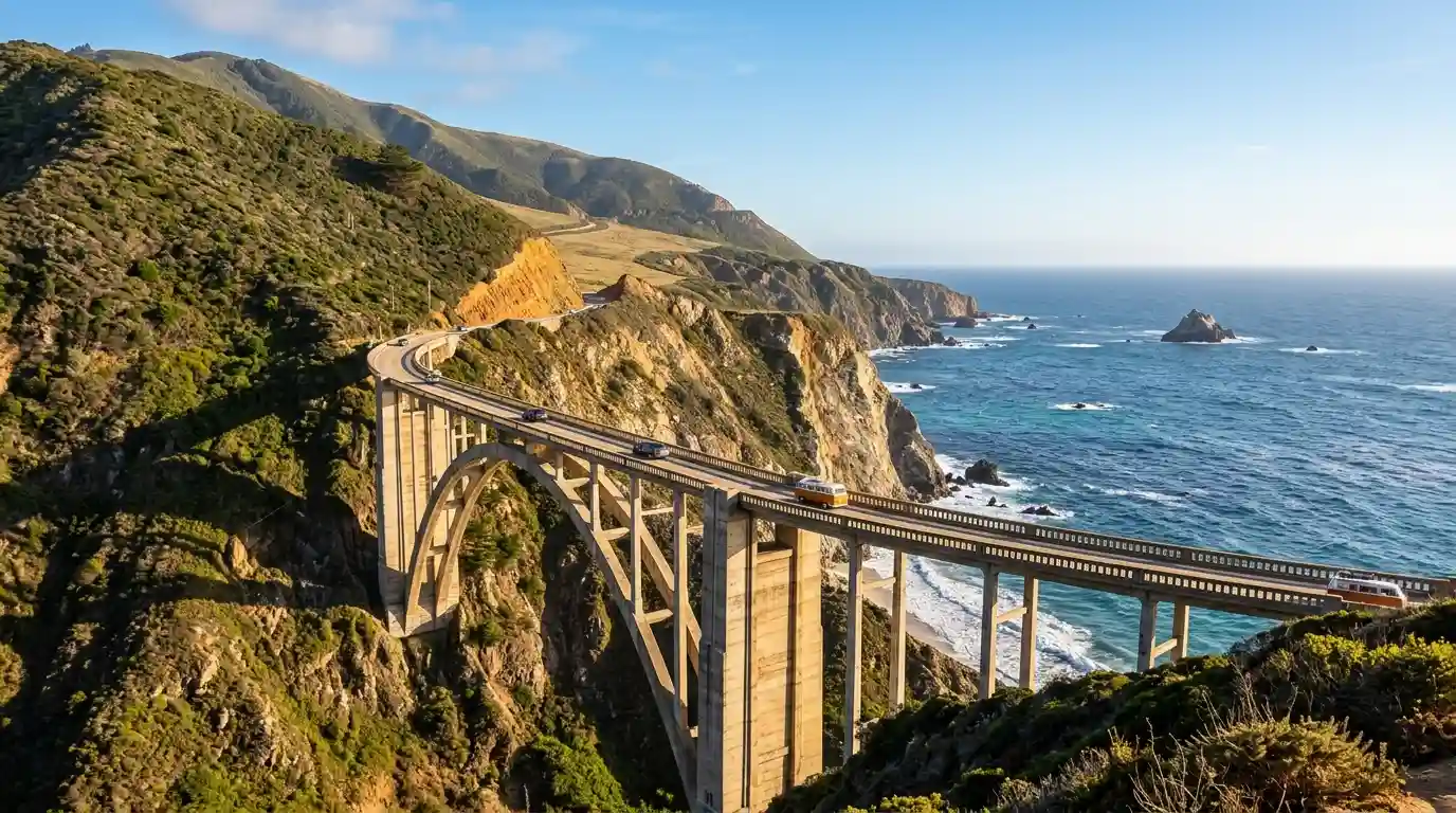 Scenic Big Sur coastline in California with Bixby Creek Bridge overlooking the Pacific Ocean.