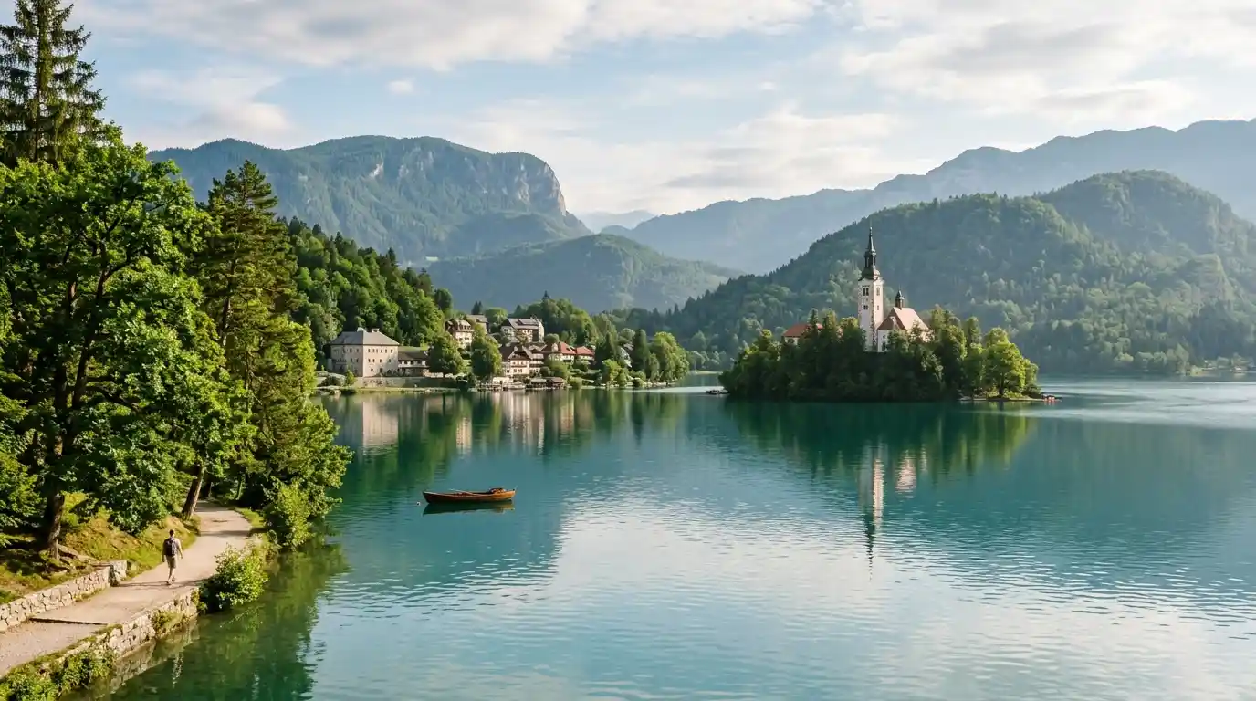 Tranquil European lake with a historic island church, lakeside village, and green Alpine mountains.