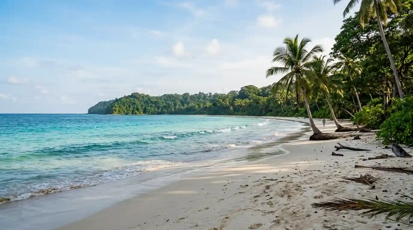 White-sand tropical beach with turquoise water and lush green forest in the Andaman Islands.