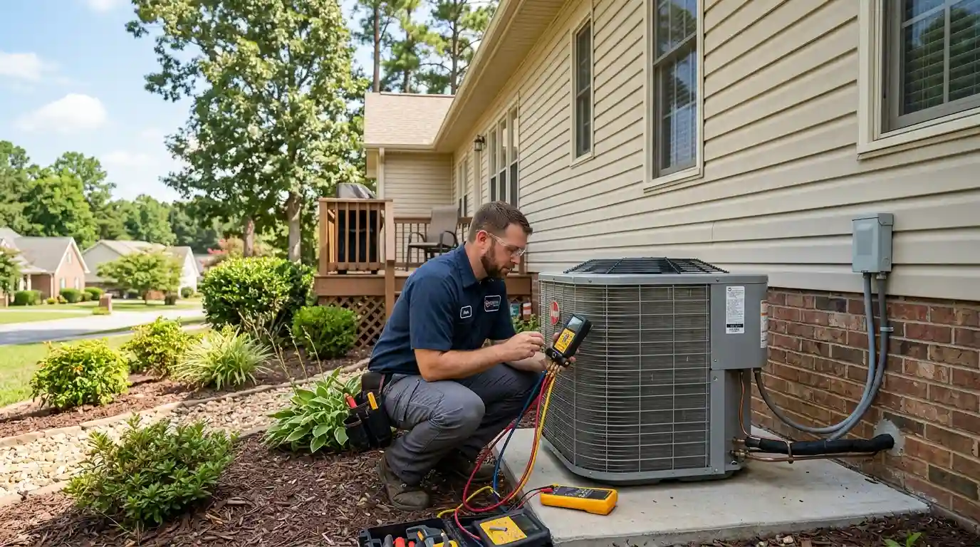 HVAC technician inspecting an outdoor air conditioning condenser beside a residential home.