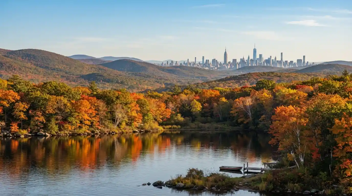 New York travel landscape combining autumn scenery, mountains, a lake, and the New York City skyline