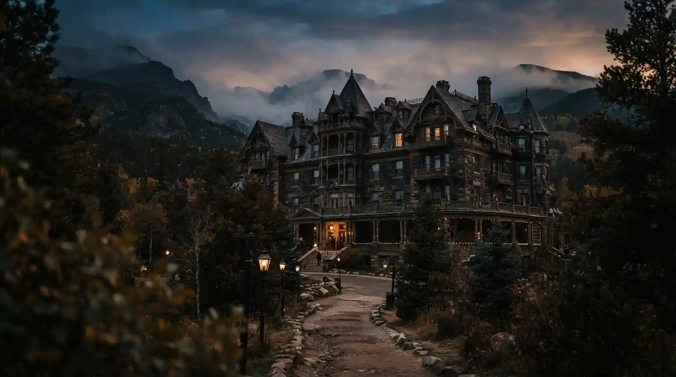 Historic mountain hotel surrounded by misty Colorado Rockies at dusk