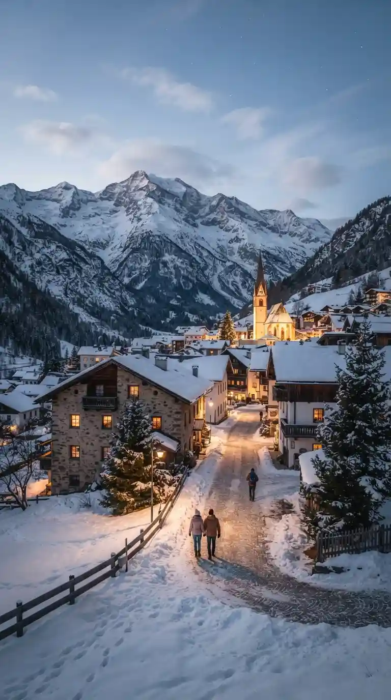 Snow-covered European alpine village surrounded by winter mountains