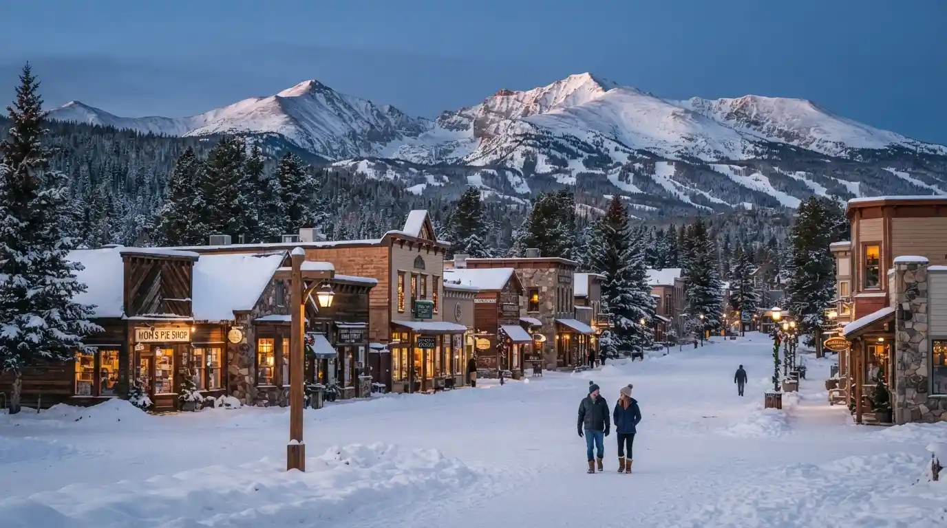 Snow-covered Colorado mountain town surrounded by the Rocky Mountains in winter