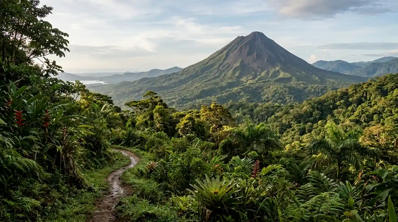 Arenal Volcano rising above the lush green rainforest in Costa Rica under a clear morning sky.