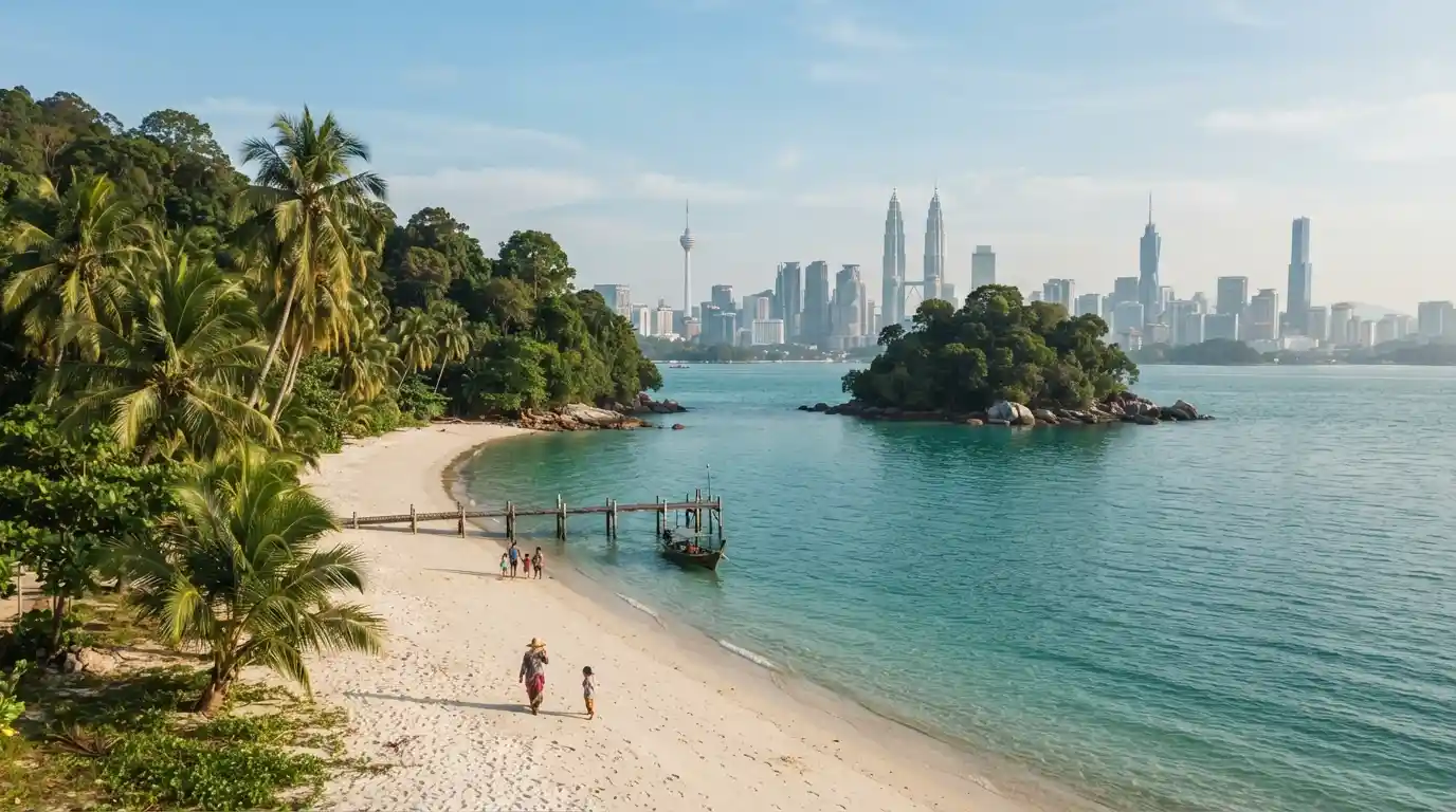 Kuala Lumpur skyline and tropical Malaysian coastline representing Malaysia's diverse travel destinations