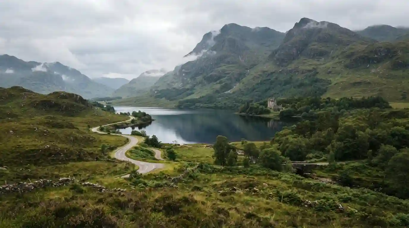 Dramatic Scottish Highland landscape with mountains, a loch, and historic scenery