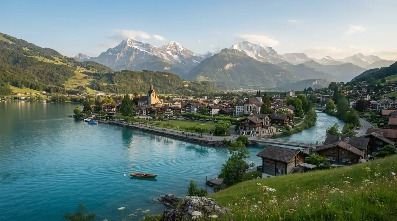 Scenic Swiss town beside a lake with snow-capped Alps