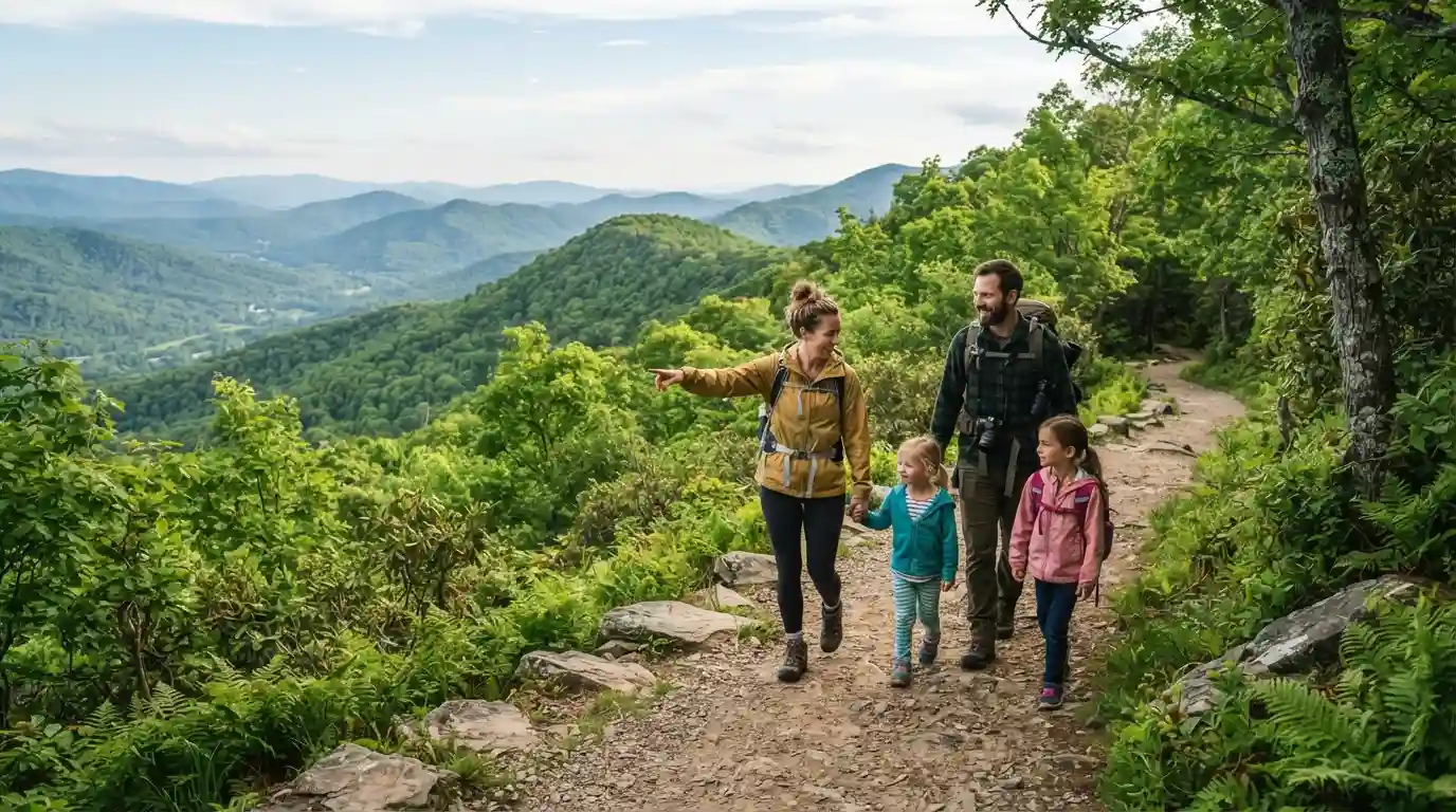 Family exploring a scenic North Carolina mountain destination with children