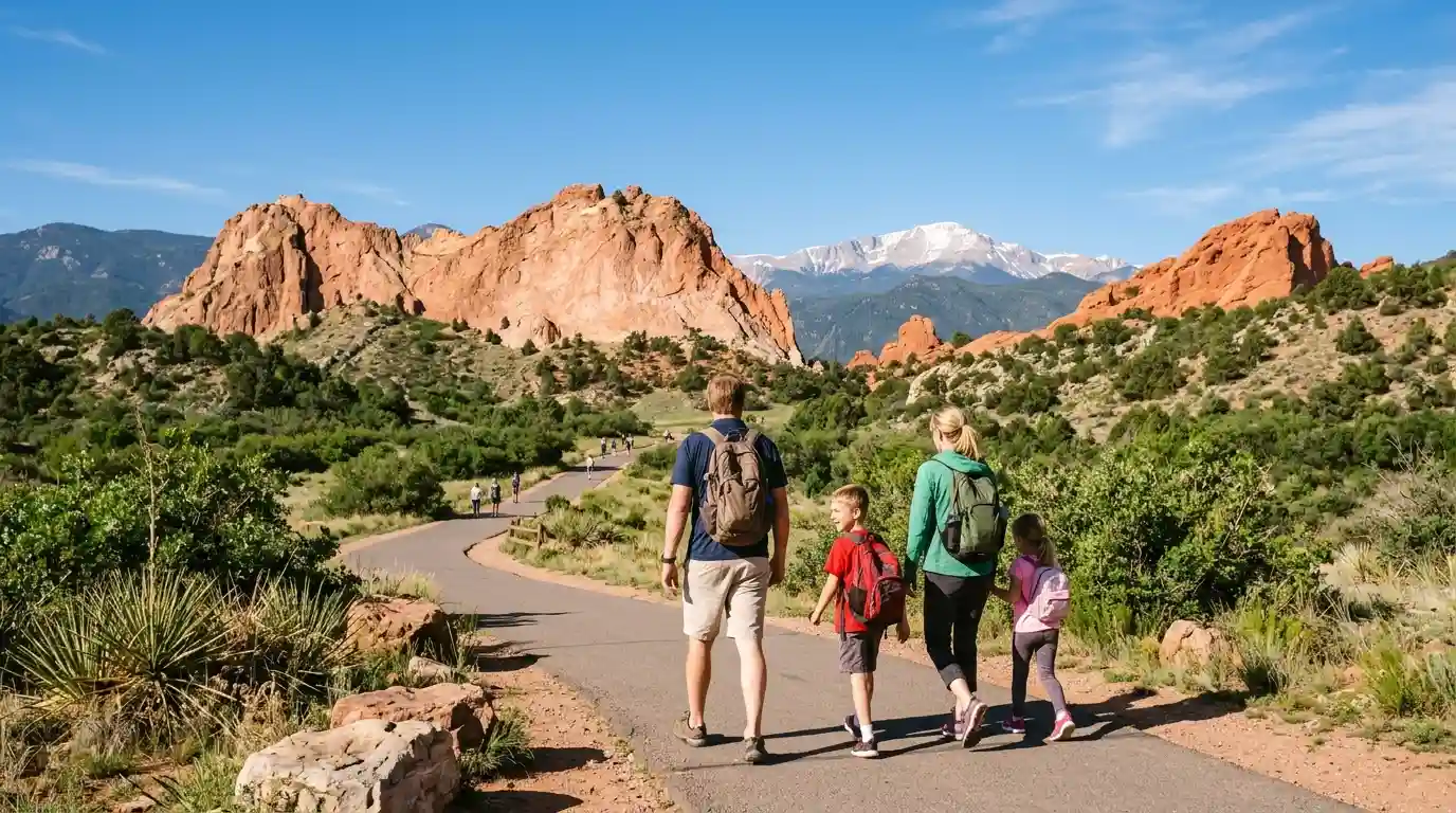 Parents and children walking beneath the red sandstone formations at Garden of the Gods in Colorado Springs.