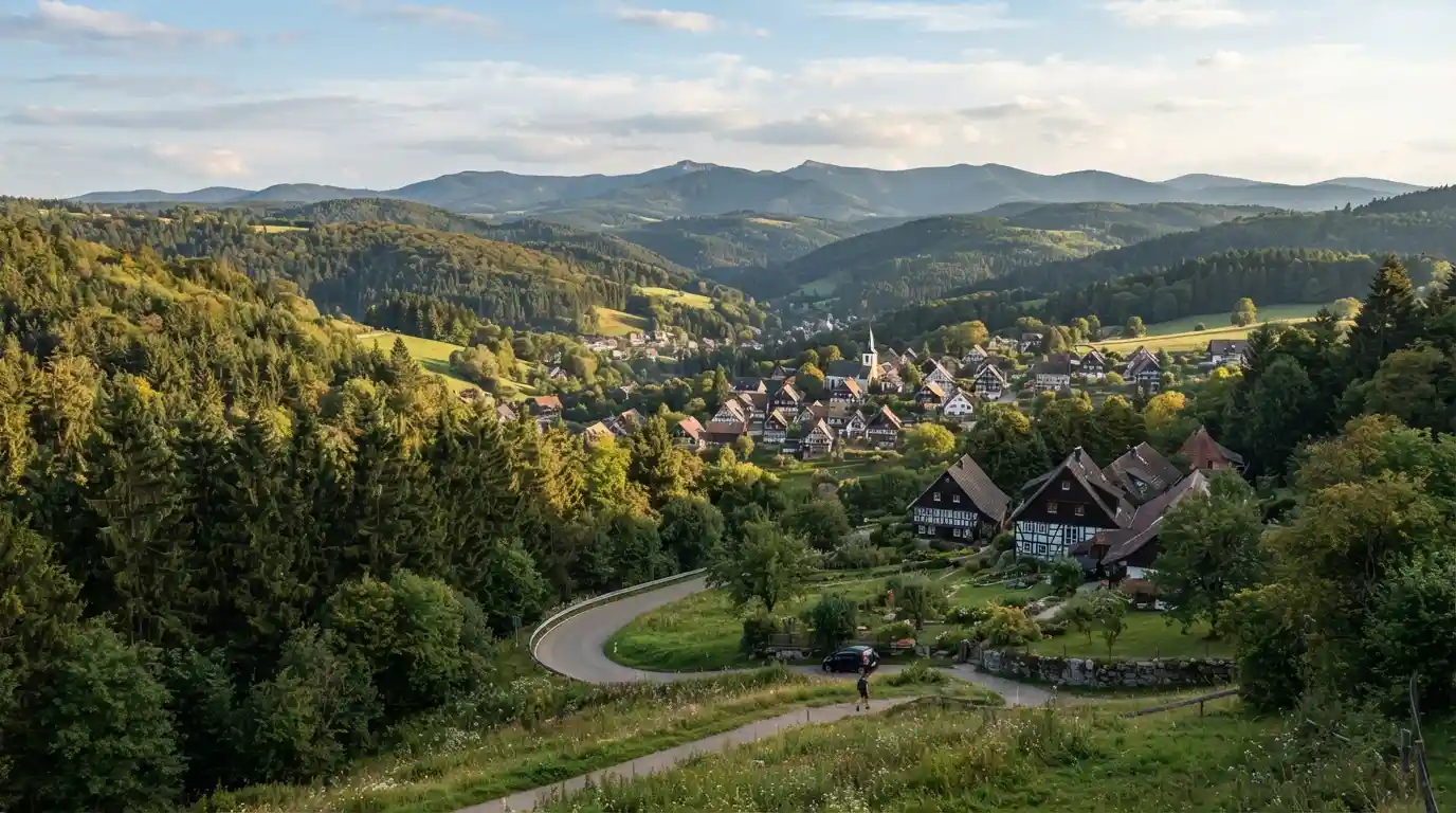 Scenic Black Forest landscape with traditional German village and wooded hills