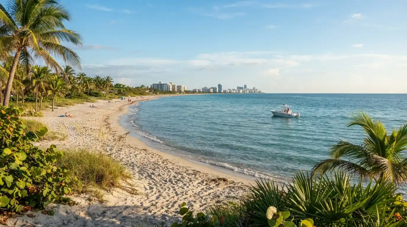 South Florida beach with palm trees, turquoise water, and a coastal city skyline