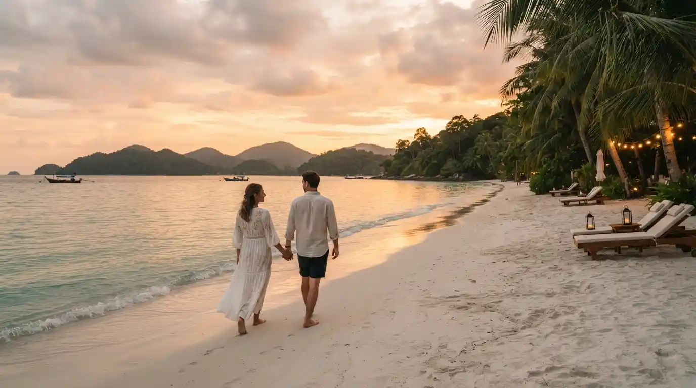 Couple walking along a tropical Malaysian beach at sunset during a honeymoon getaway