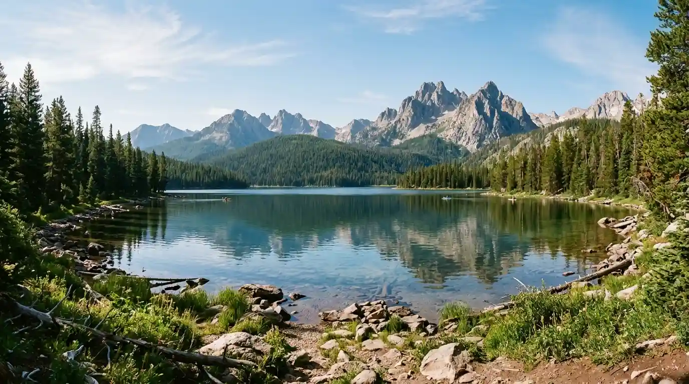 Clear alpine lake reflecting the rugged Sawtooth Mountains in Idaho during summer.