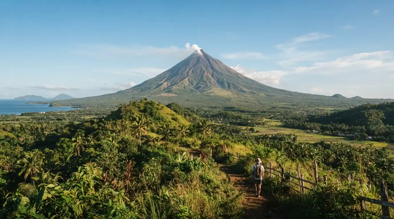 Mayon Volcano rising above the lush Bicol landscape in the Philippines