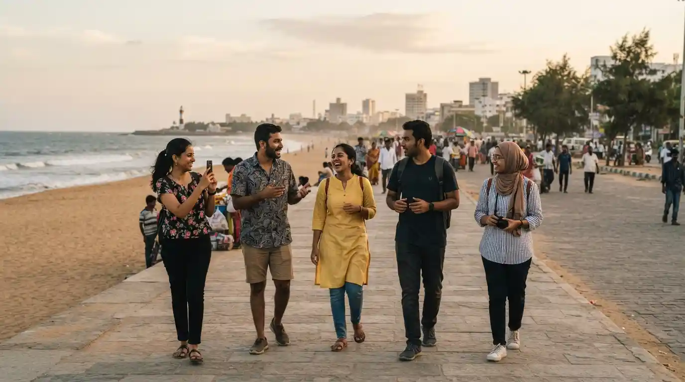 Friends enjoying a sightseeing outing near Marina Beach in Chennai