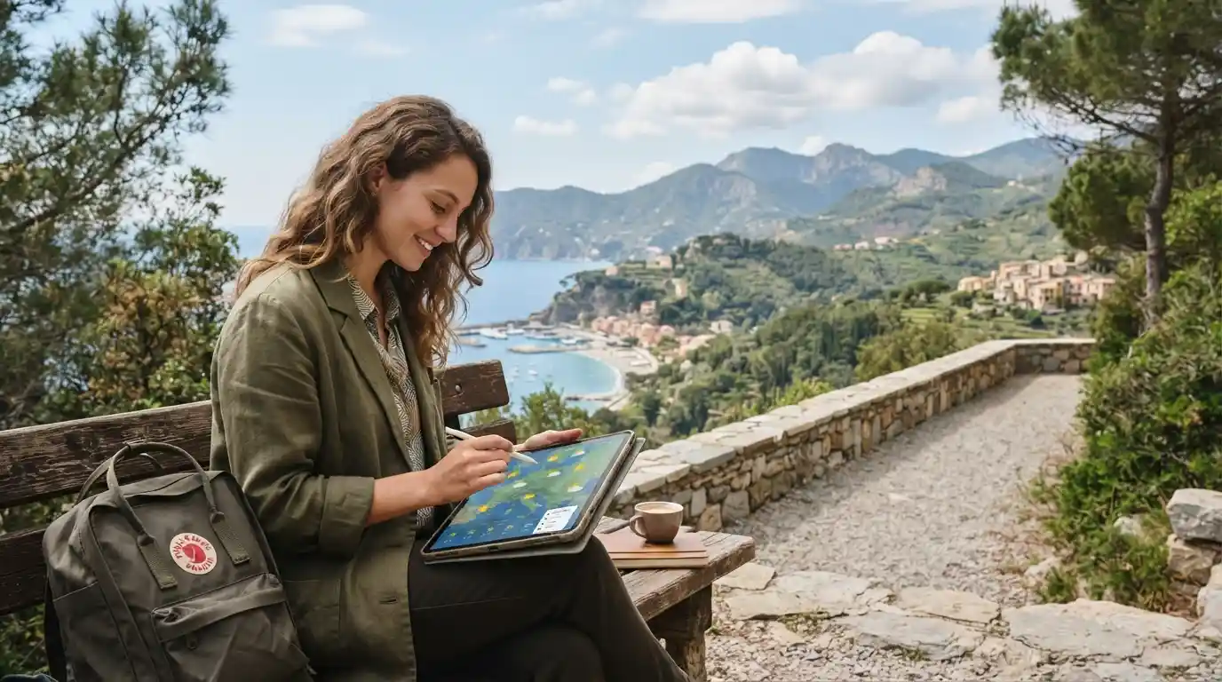 Traveler exploring a scenic destination during favorable weather conditions