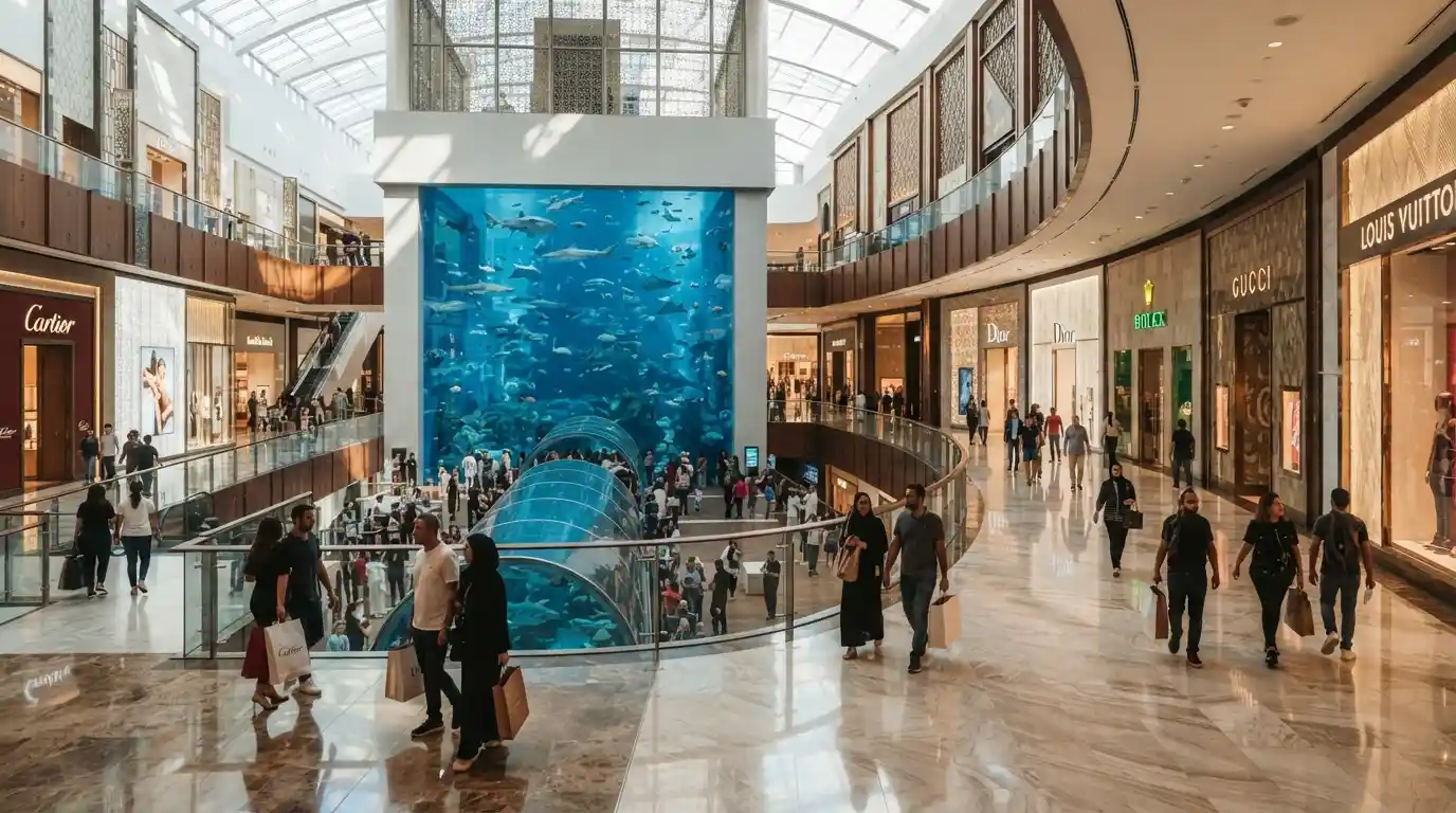 Visitors exploring the modern interior and attractions of Dubai Mall
