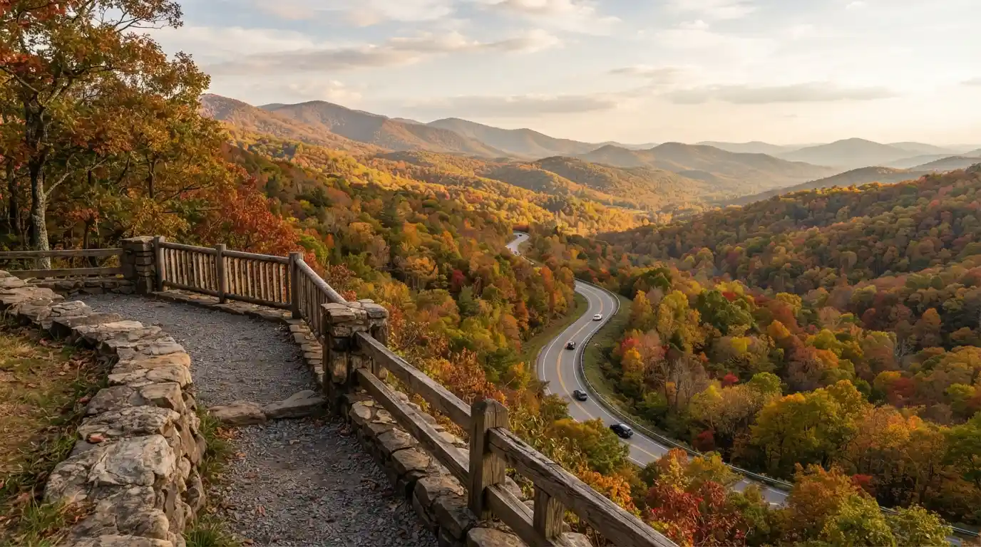Autumn mountain landscape in North Georgia with colorful fall foliage and a scenic winding road