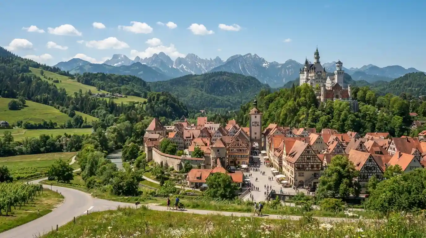 Historic German town with a castle, rolling hills, and alpine scenery