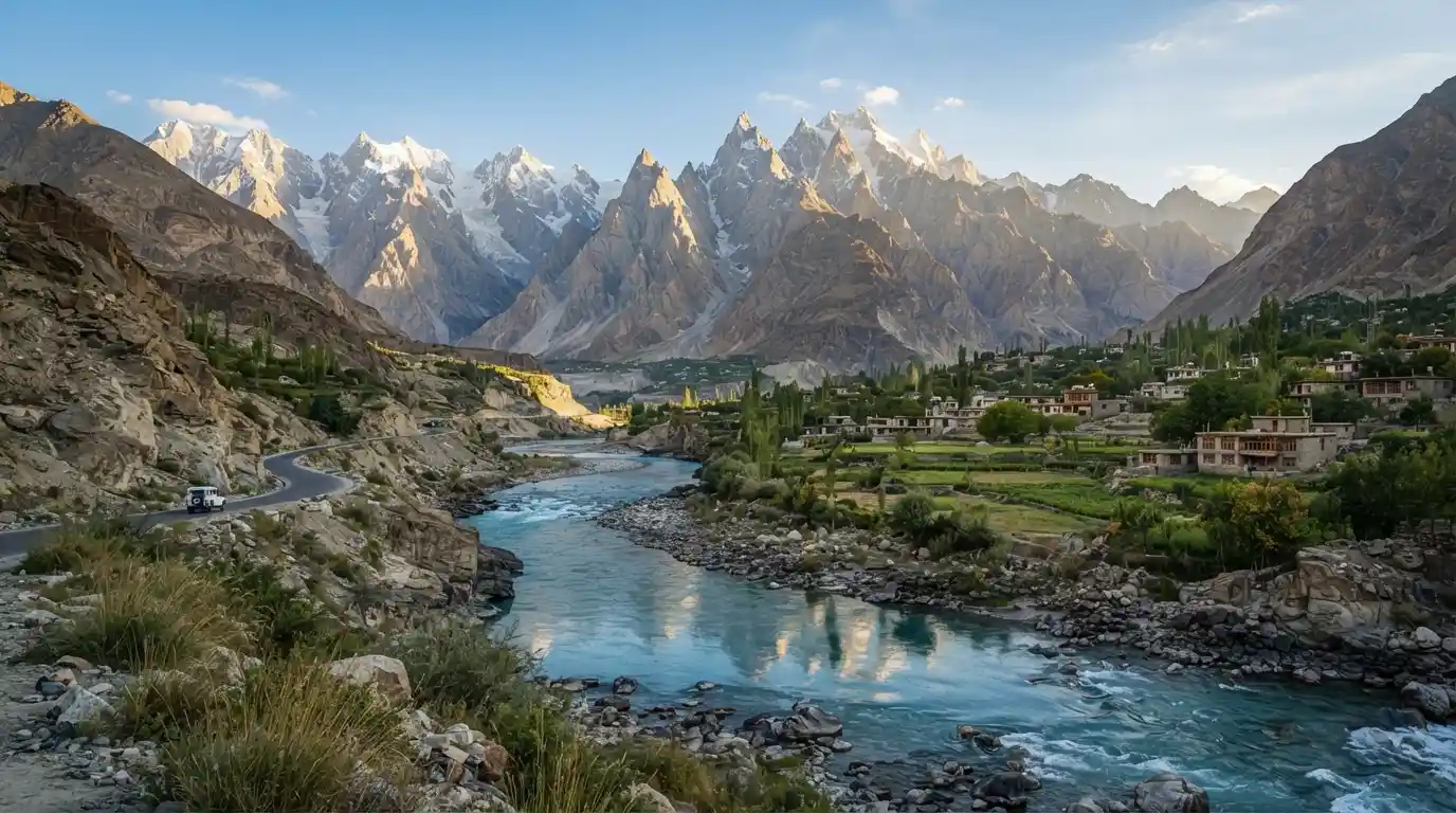 Mountain landscape with turquoise water and dramatic peaks in Hunza Valley, Pakistanv