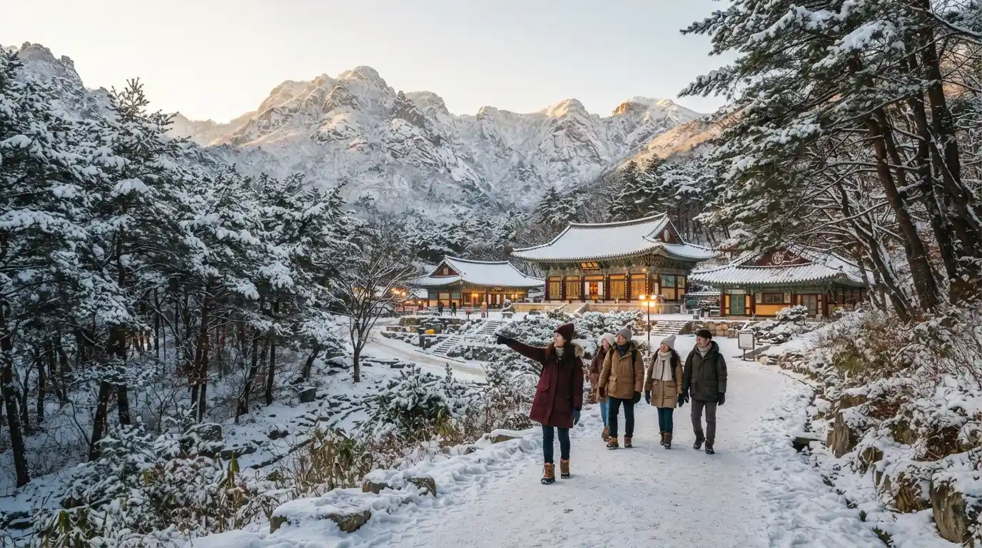 Snow-covered Korean mountain landscape with traditional architecture and winter travelers