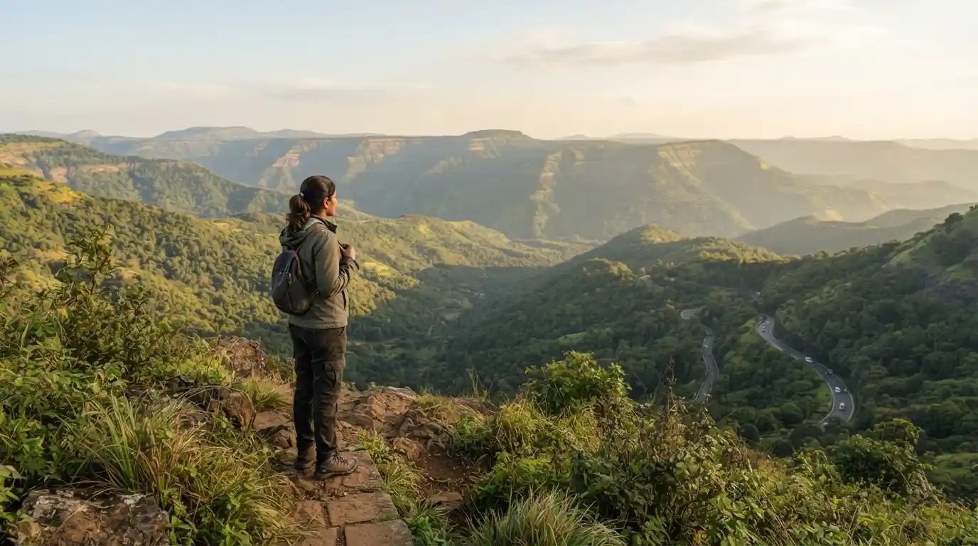 Scenic winter landscape of the Maharashtra Western Ghats with green hills and a traveler enjoying the view