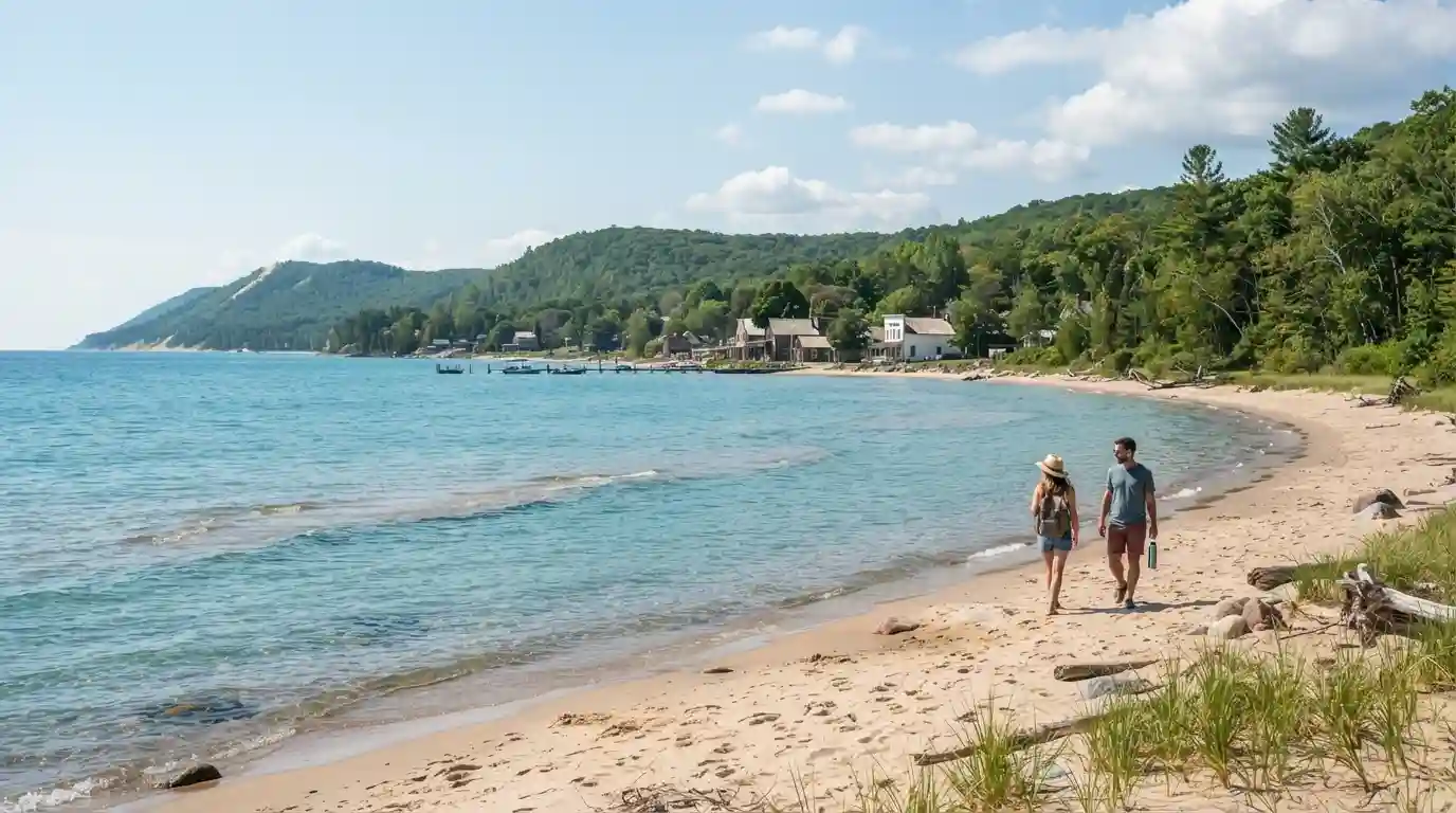 Scenic Michigan Great Lakes shoreline surrounded by forest