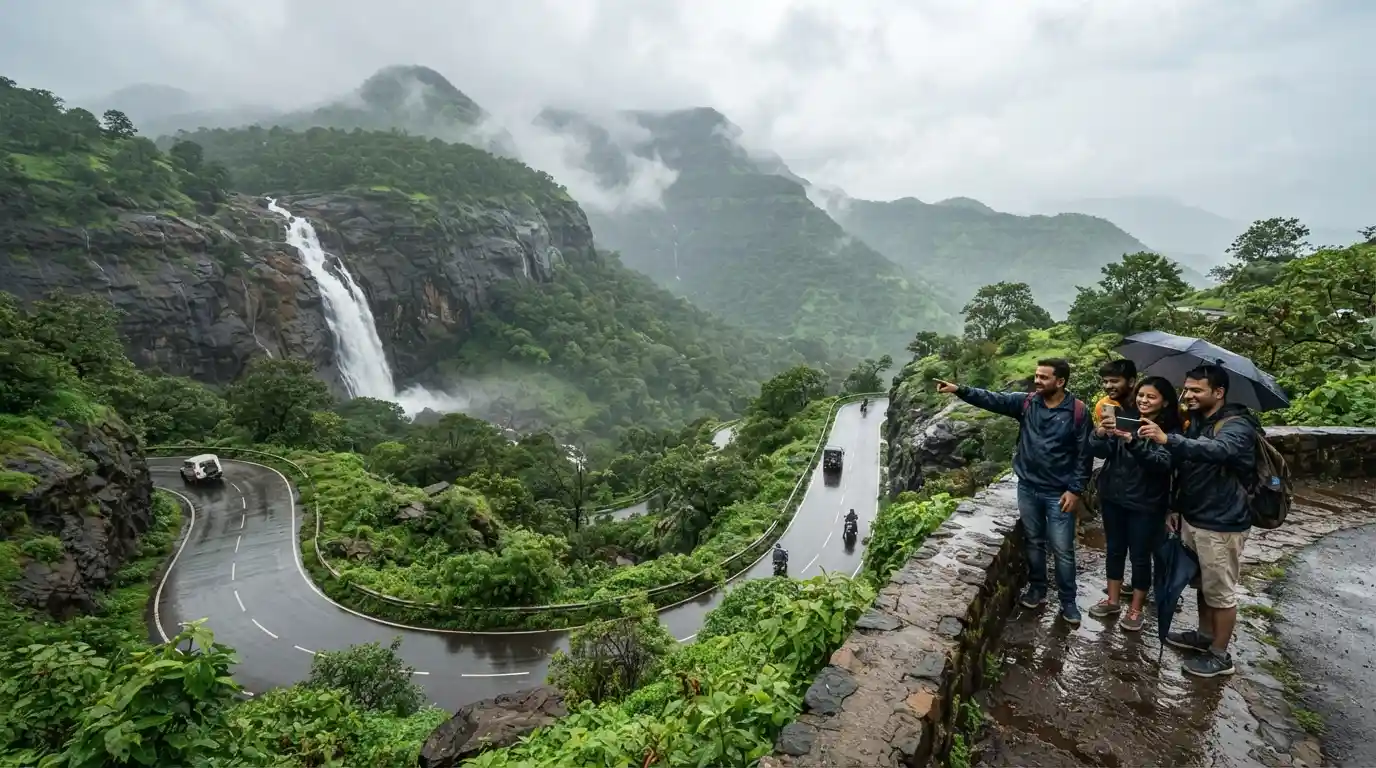Lush Western Ghats landscape and waterfall in Maharashtra during monsoon