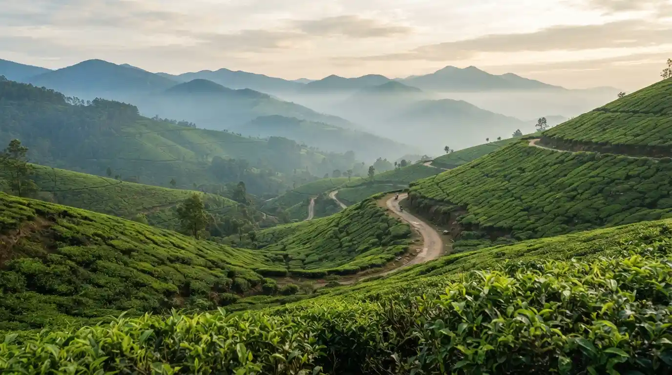 Misty green tea plantations and mountain scenery in the Ooty and Coonoor region