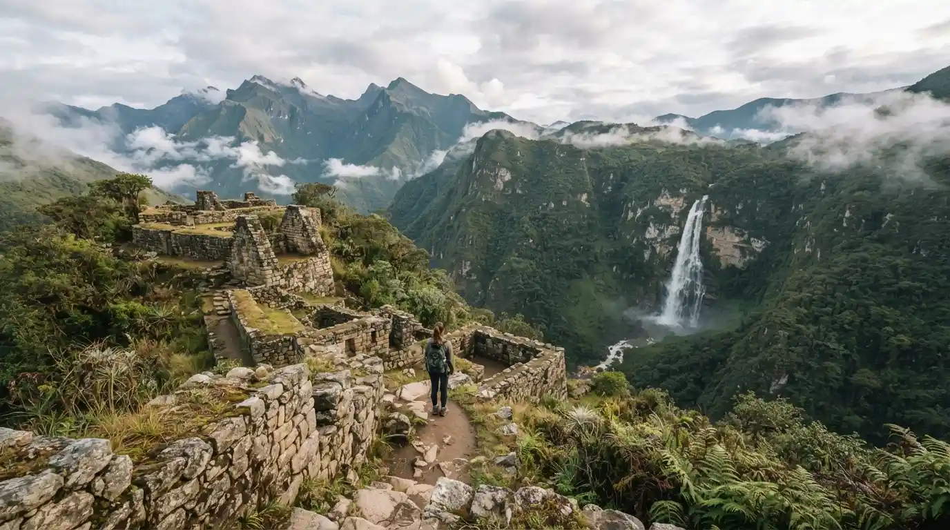 South American mountain landscape with ancient ruins, rainforest, and a dramatic waterfall