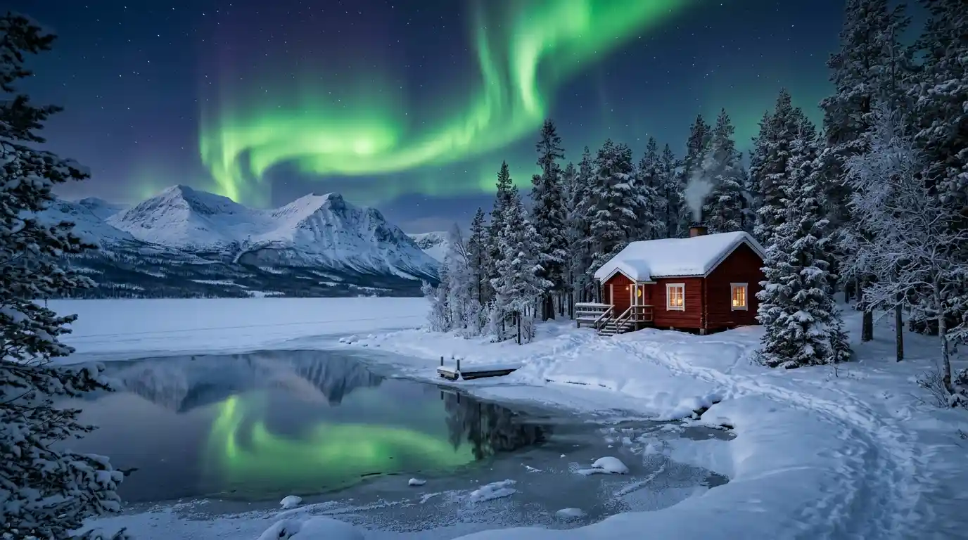 Snow-covered cabin and pine forest beneath the Northern Lights in Swedish Lapland.