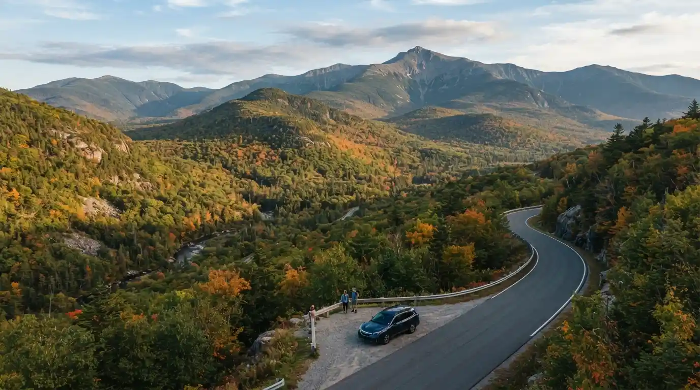 Scenic White Mountains landscape in New Hampshire with forested peaks and a winding mountain road