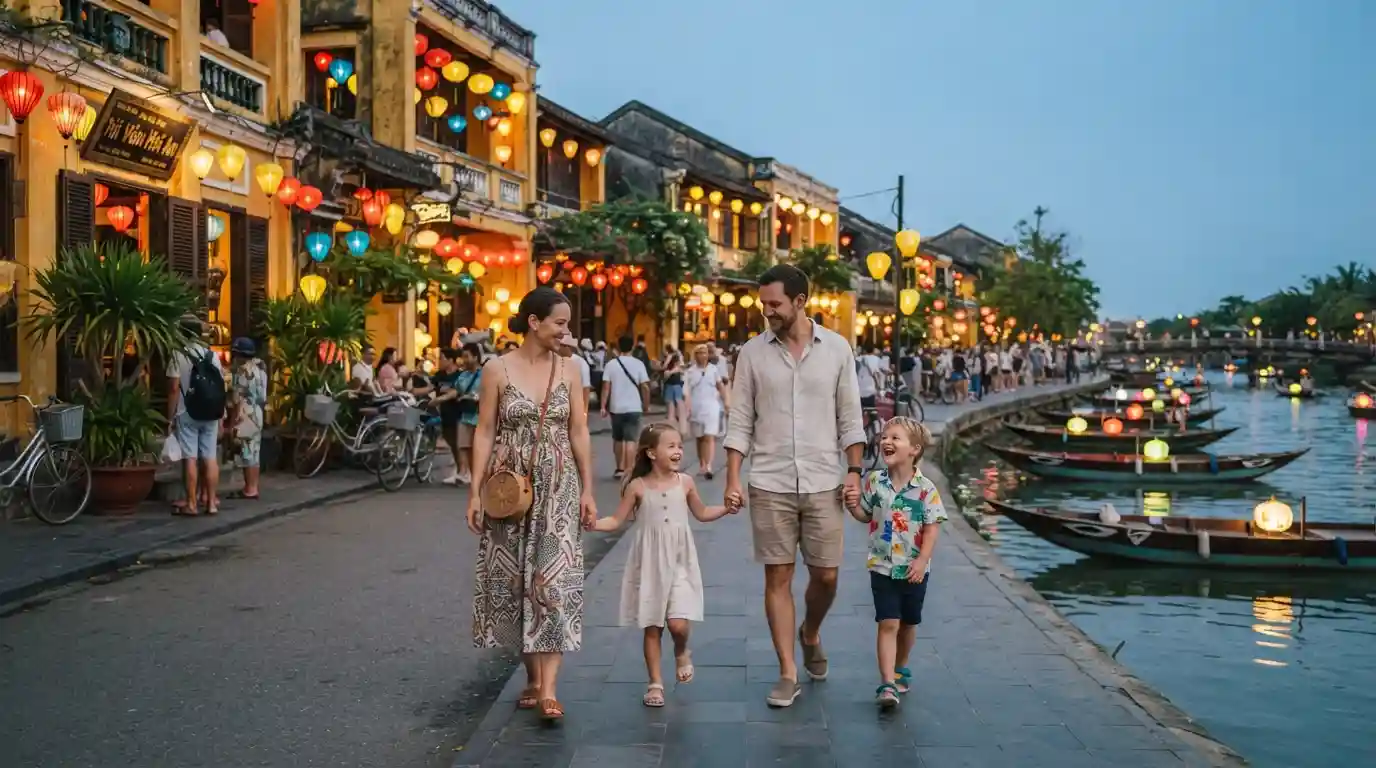 Family exploring the lantern-lit streets of Hoi An, Vietnam