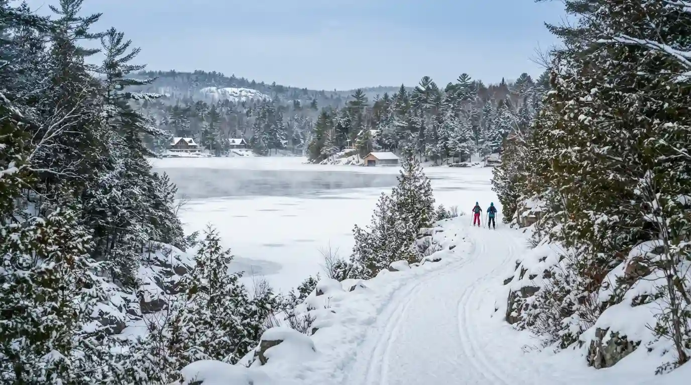 Snow-covered Ontario landscape with evergreen forest and a winter travel trail