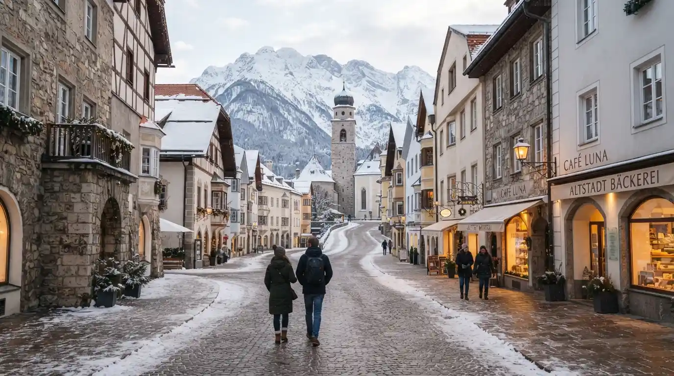 European winter street with historic architecture, light snow, cafés, and mountains