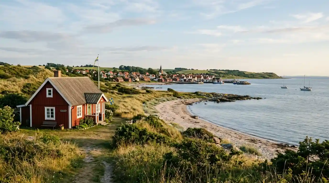 Traditional Scandinavian coastal cottage overlooking the scenic shoreline of southern Sweden.
