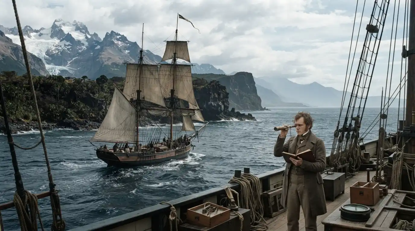 Charles Darwin aboard HMS Beagle during his historic voyage through diverse coastal and volcanic landscapes