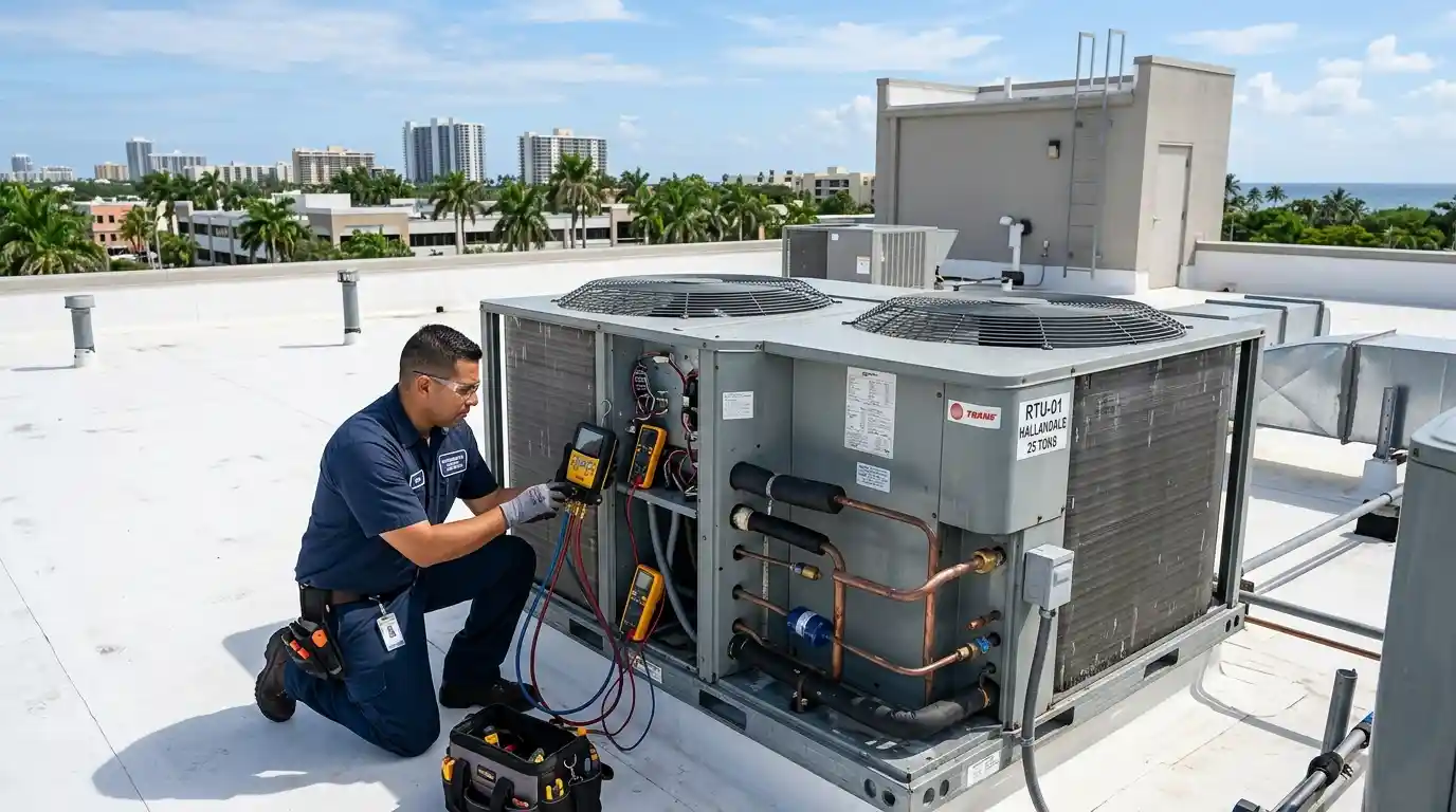 HVAC technician inspecting rooftop air-conditioning equipment on a commercial building in South Florida.