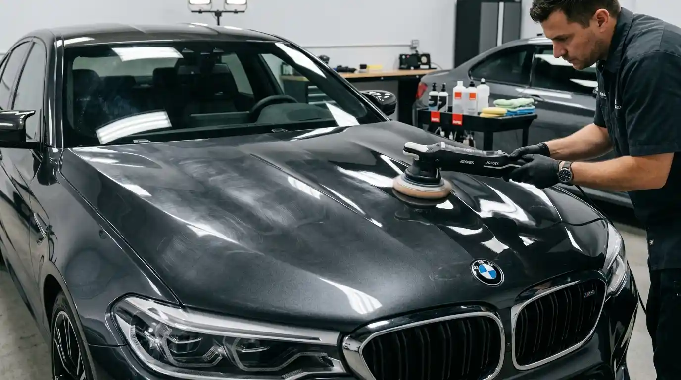 Detailer polishing the hood of a metallic-gray sedan to improve its paint gloss and reduce swirl marks.