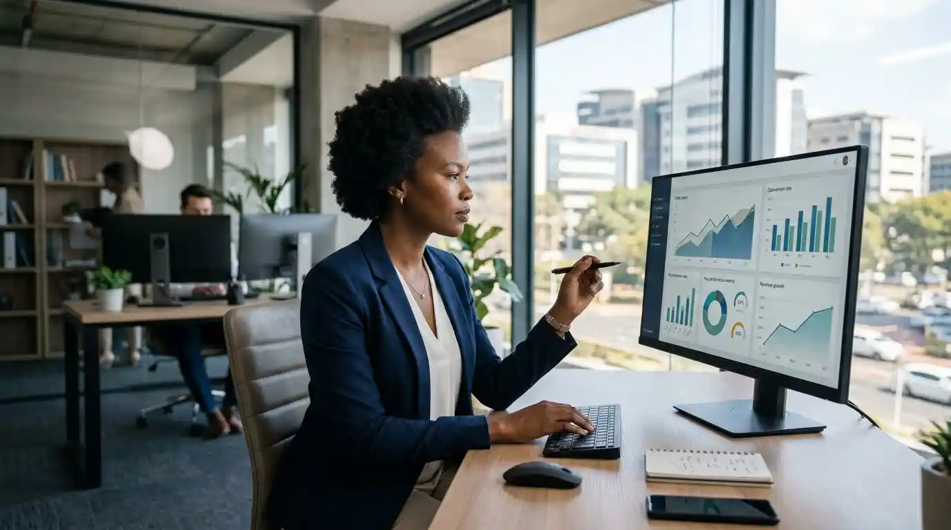 Business executive reviewing digital marketing analytics and growth performance in a modern office.