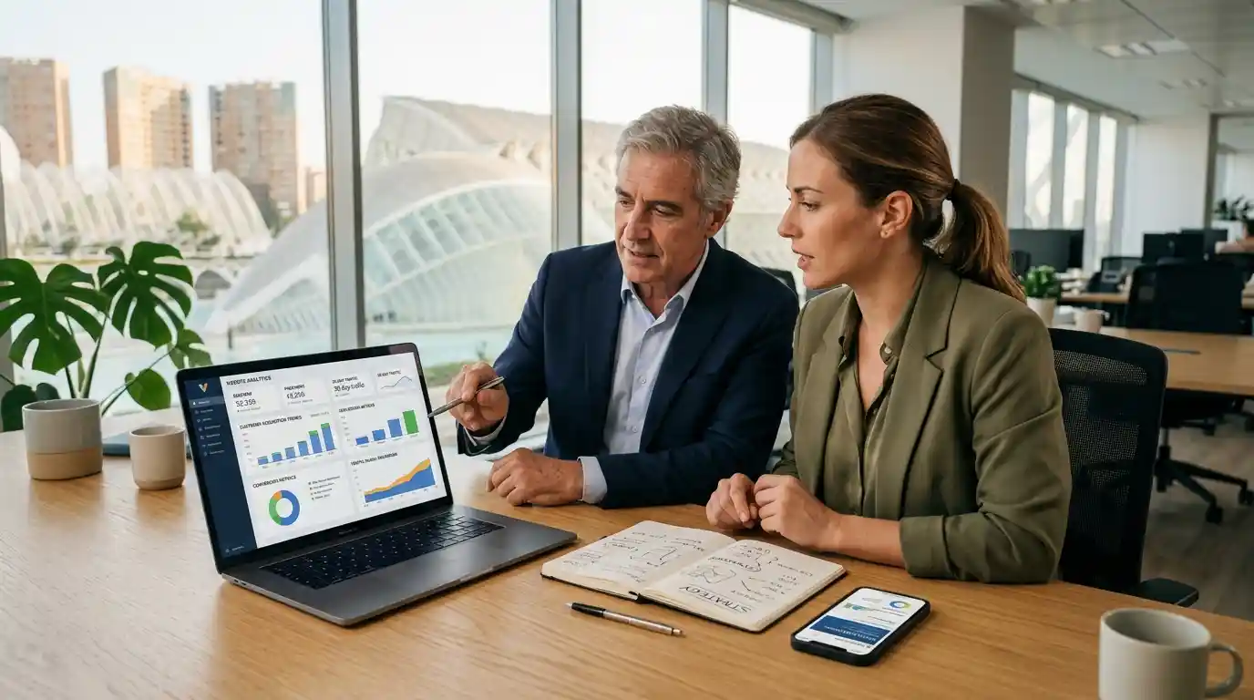 Business executives reviewing digital marketing analytics and growth strategies in a modern València office.